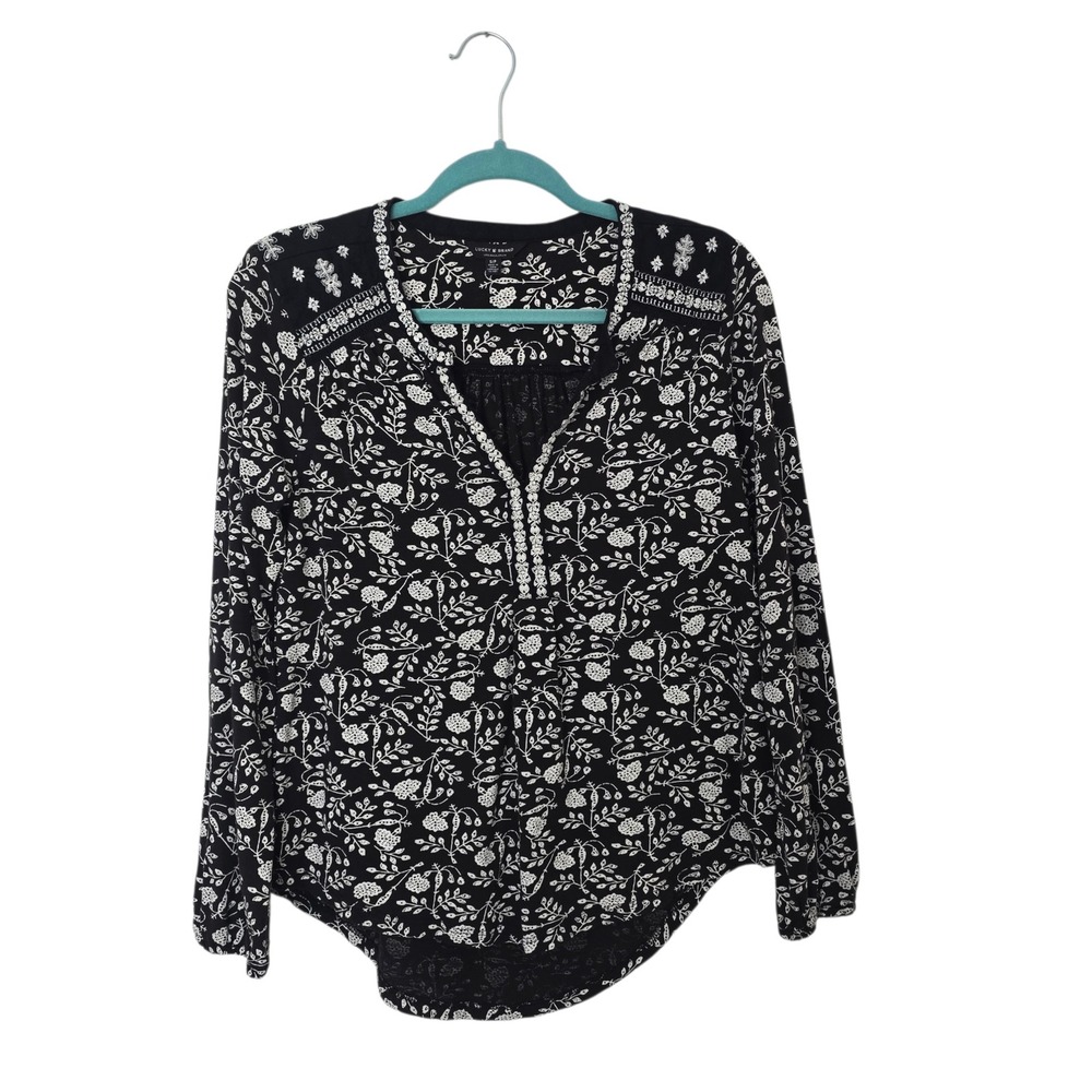 Lucky Brand Floral Embroidered Blouse Womens Small Black White Boho Top Cotton